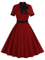 Abito contrasto con collo annodato patchwork bordeaux anni '50