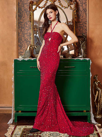Abito scollo all'americana spacco laterale paillettes rosso anni '20
