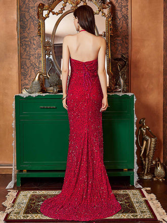 Abito scollo all'americana spacco laterale paillettes rosso anni '20