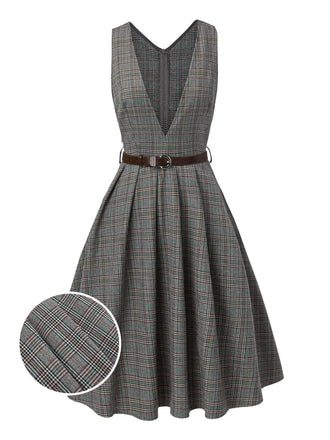 Abito glen plaid con scollo a V profondo grigio anni '40