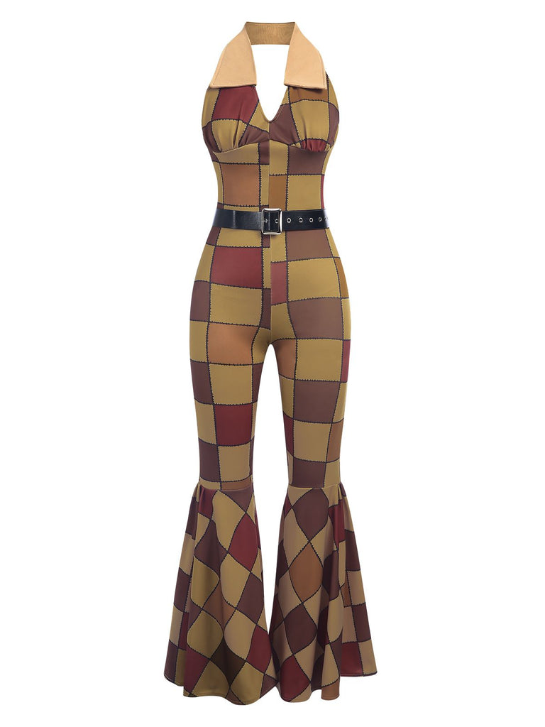 Tuta lunga con motivo geometrico scollo all'americana arancione anni '70