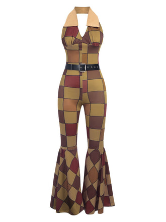 Tuta lunga con motivo geometrico scollo all'americana arancione anni '70