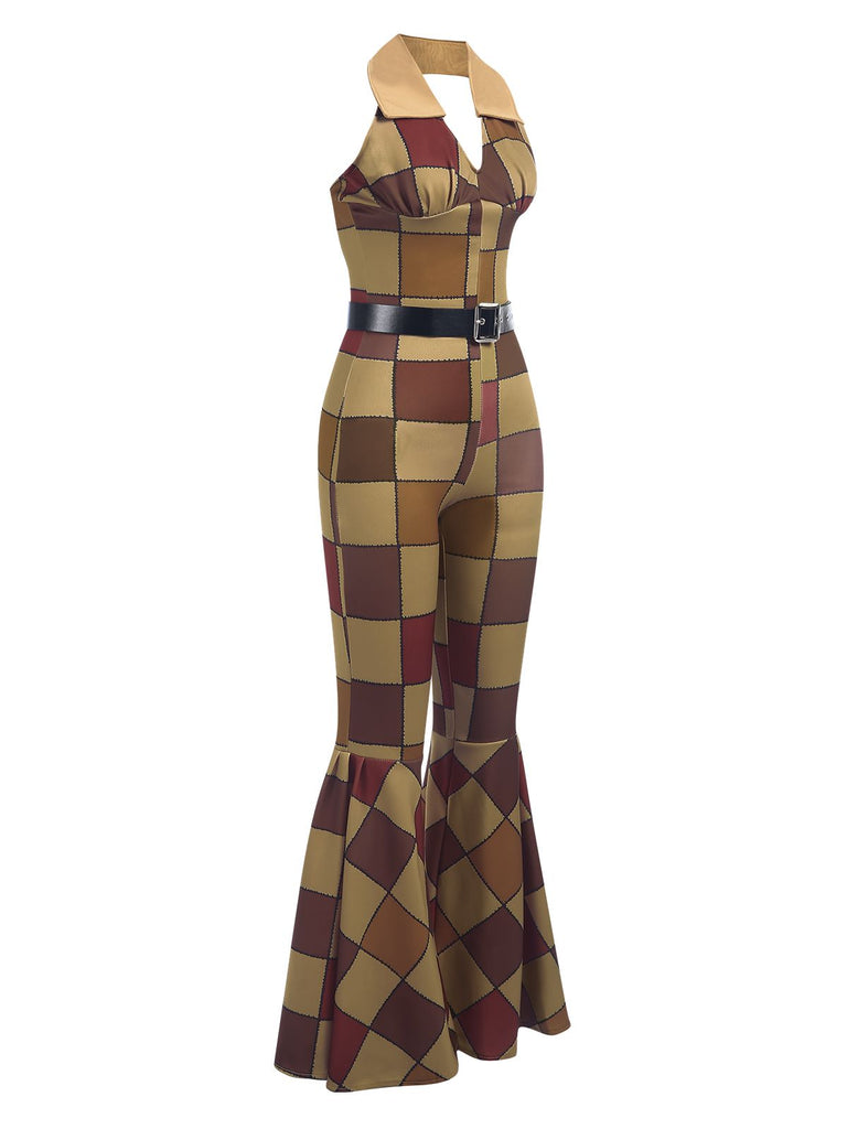 Tuta lunga con motivo geometrico scollo all'americana arancione anni '70