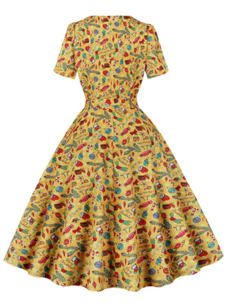 Abito patchwork natalizio con colletto quadrato anni '50
