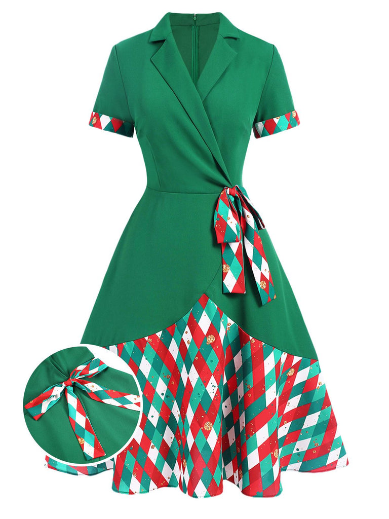 Abito con revers a pieghe a quadri colorati verde anni '40
