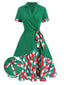 Abito con revers a pieghe a quadri colorati verde anni '40