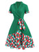 Abito con revers a pieghe a quadri colorati verde anni '40