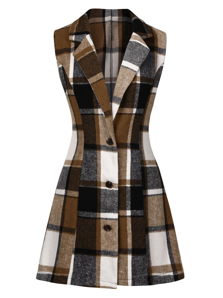 Cappotto senza maniche a quadri con revers multicolore anni '70
