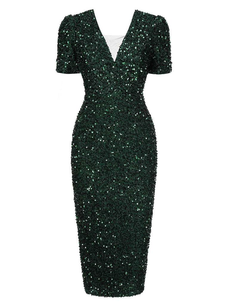 Abito a tubino con paillettes e scollo a V verde anni '60