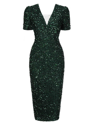 Abito a tubino con paillettes e scollo a V verde anni '60
