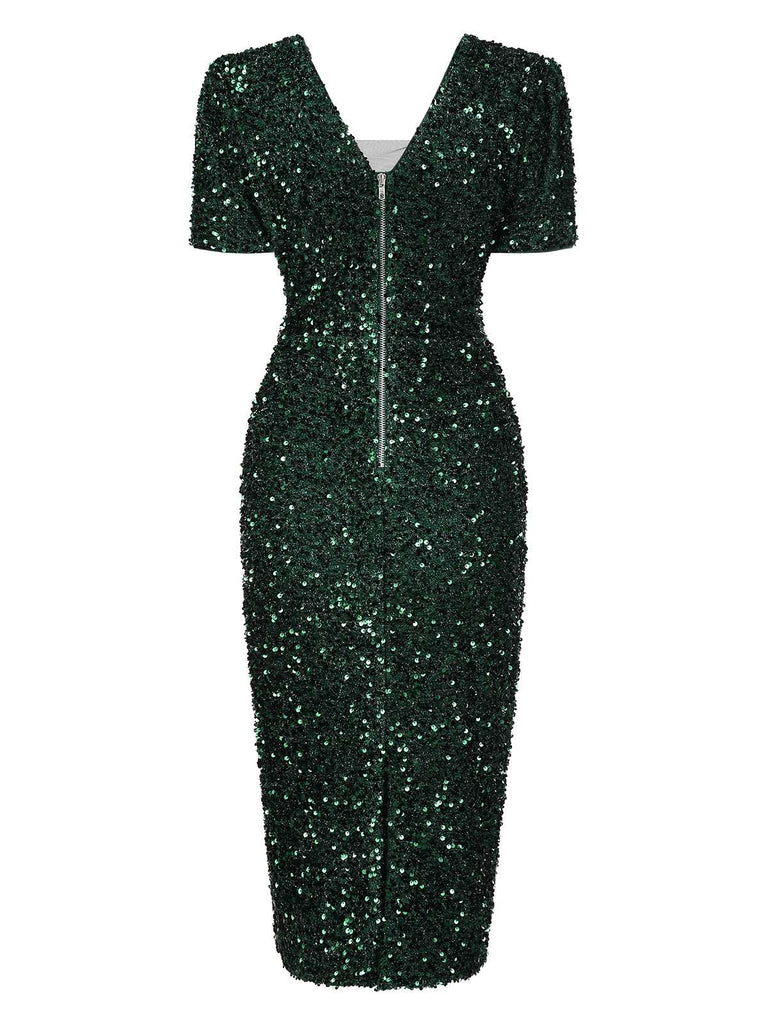 Abito a tubino con paillettes e scollo a V verde anni '60