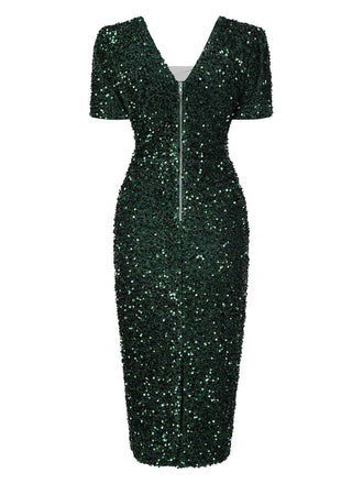 Abito a tubino con paillettes e scollo a V verde anni '60