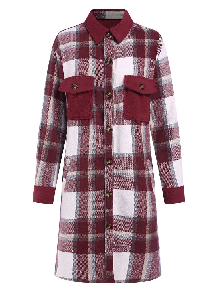 Cappotto a quadri con colletto a camicia bordeaux anni '50
