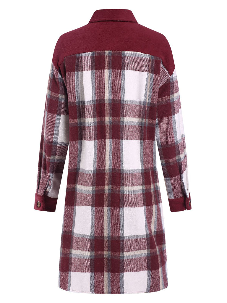 Cappotto a quadri con colletto a camicia bordeaux anni '50