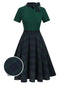 Abito patchwork plaid con collo annodato verde anni '50