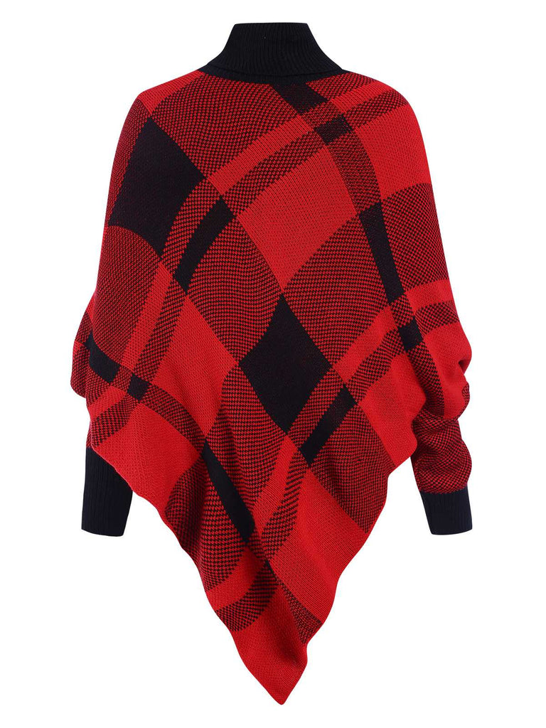 Maglione poncho a maglia a quadri con collo alto anni '50
