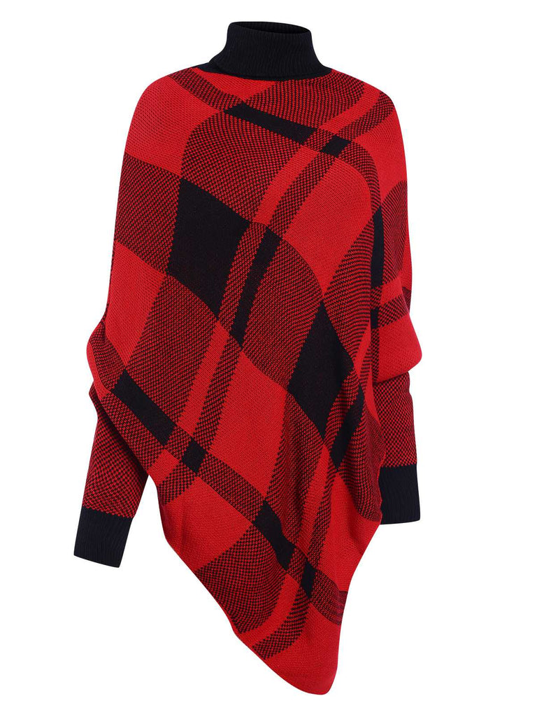 Maglione poncho a maglia a quadri con collo alto anni '50