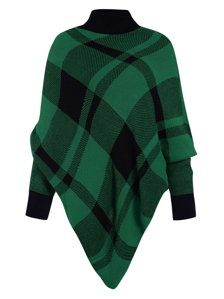 Maglione poncho a maglia a quadri con collo alto anni '50
