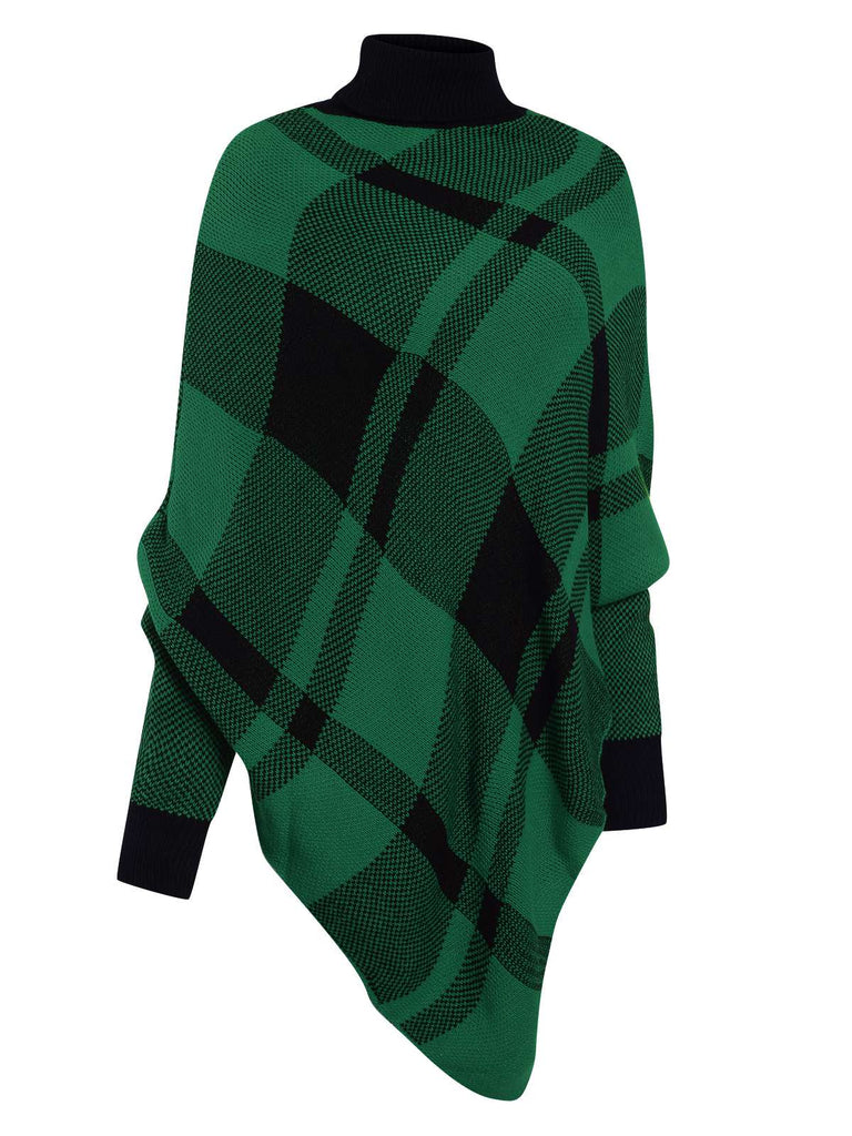 Maglione poncho a maglia a quadri con collo alto anni '50