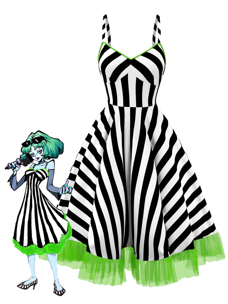 Abito in pizzo verde fluorescente a righe bianco nero anni '50