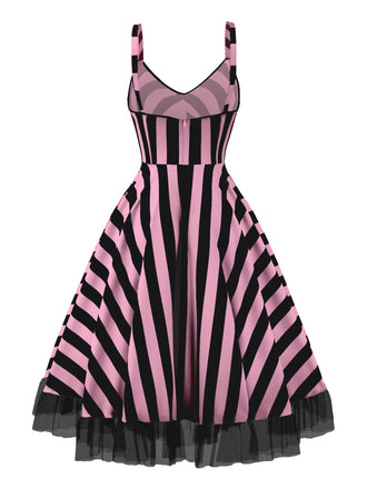 Abito in pizzo nero fluorescente a righe rosa anni '50
