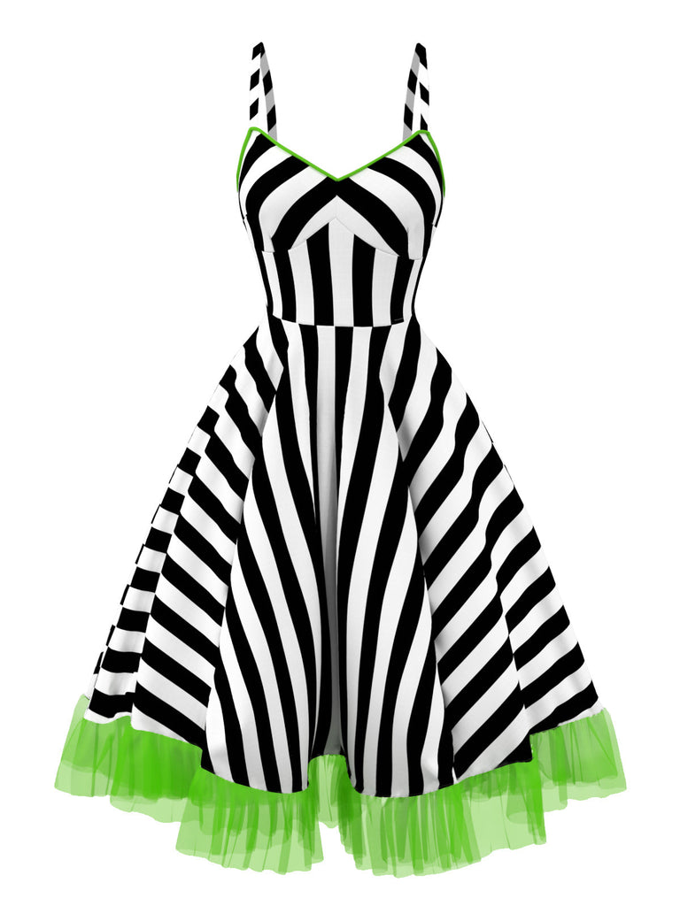 Abito in pizzo verde fluorescente a righe bianco nero anni '50