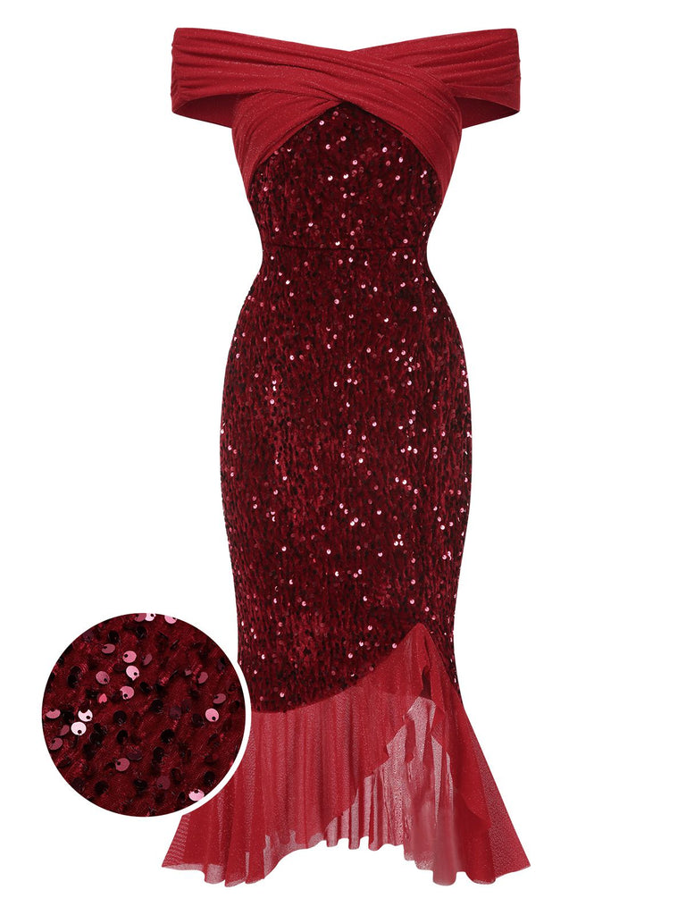 Abito rosso con paillettes e spalle scoperte anni '30