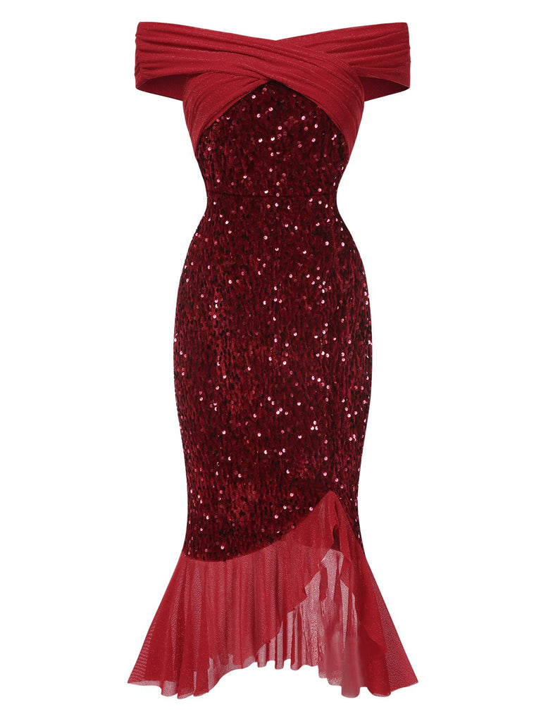 Abito rosso con paillettes e spalle scoperte anni '30