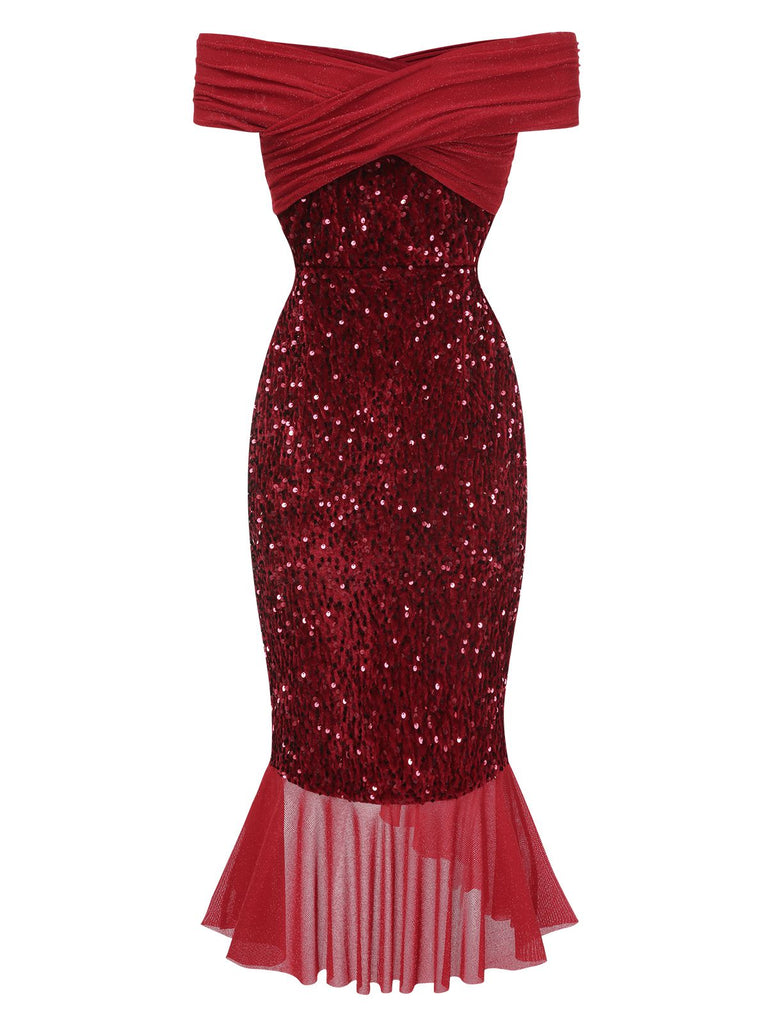 Abito rosso con paillettes e spalle scoperte anni '30
