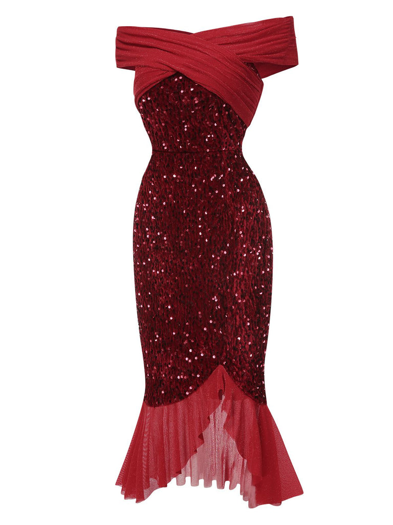 Abito rosso con paillettes e spalle scoperte anni '30