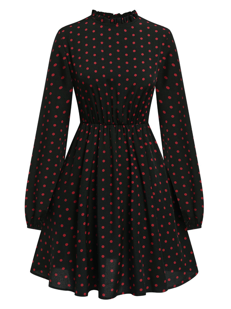Abito a pois e maniche lunghe nero anni '50
