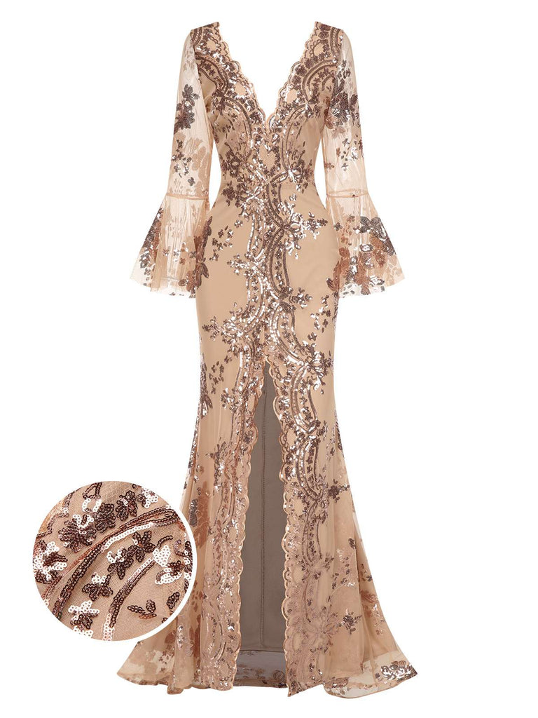 Abito lungo in rete paillettes scollo a V profondo beige anni '30