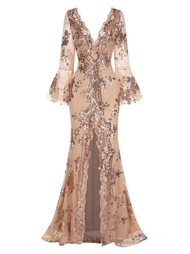 Abito lungo in rete paillettes scollo a V profondo beige anni '30