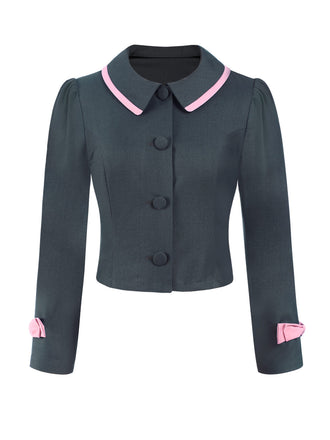 Cappotto corto con fiocco sul risvolto grigio scuro anni '50