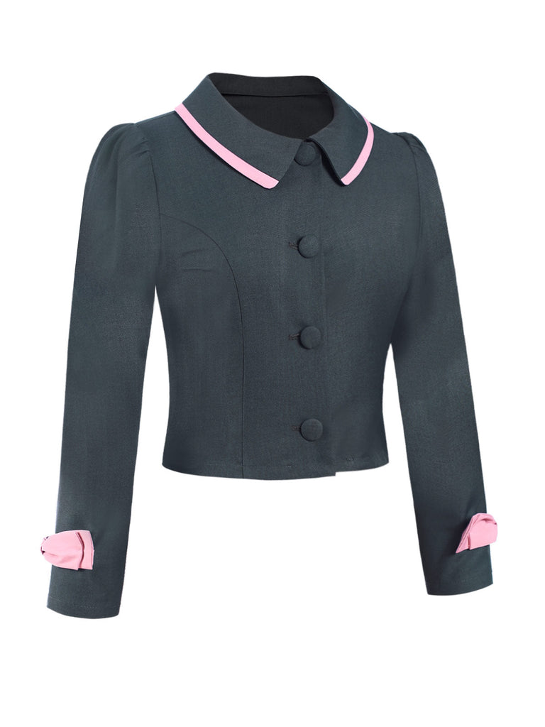 Cappotto corto con fiocco sul risvolto grigio scuro anni '50