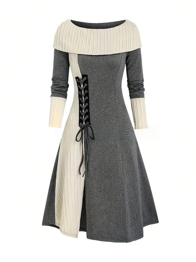 Abito con spalle scoperte e lacci color block anni '40