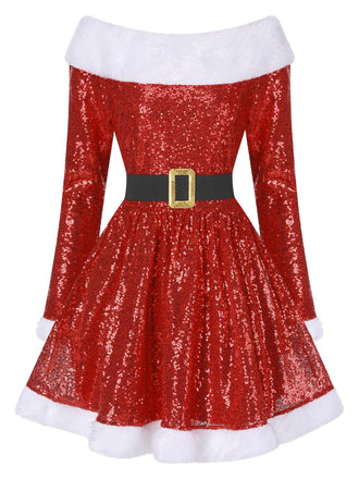 Abito  con spalle scoperte in pelliccia natalizio rosso anni '50