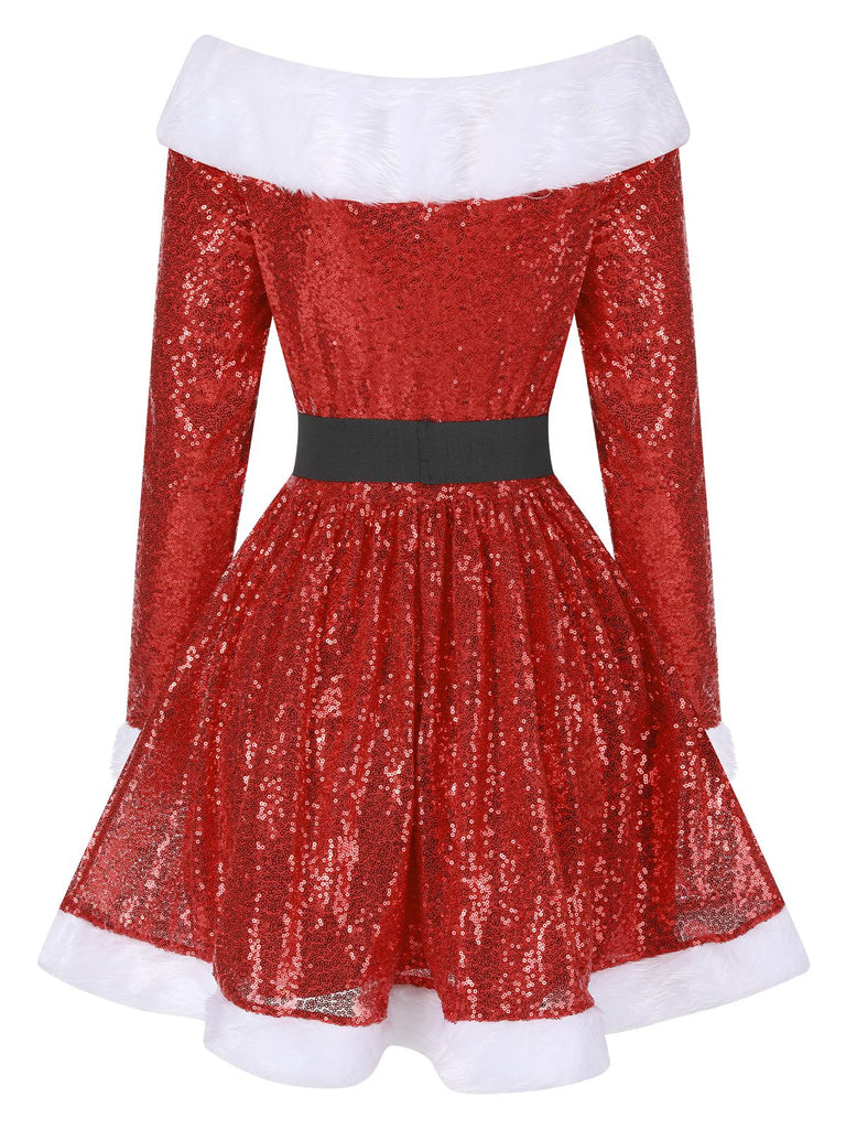 Abito  con spalle scoperte in pelliccia natalizio rosso anni '50