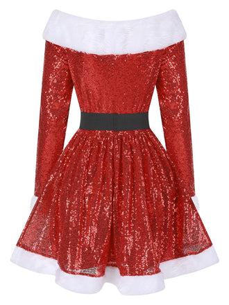 Abito  con spalle scoperte in pelliccia natalizio rosso anni '50