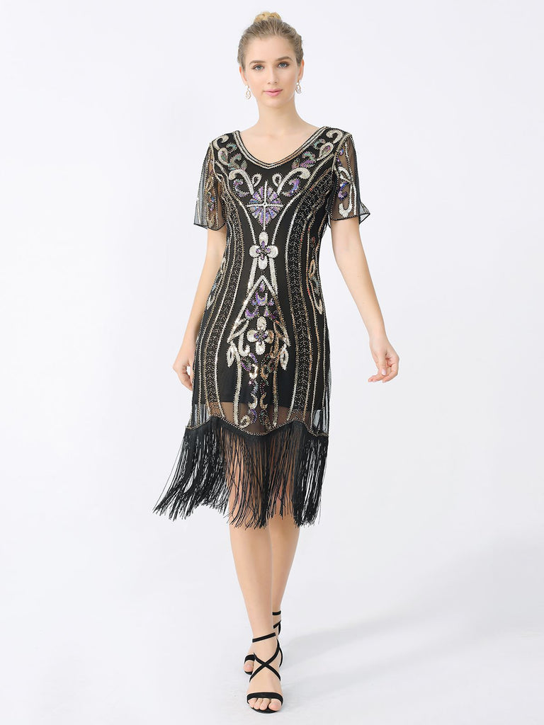 Abito frange paillettes scollo a V anni '20