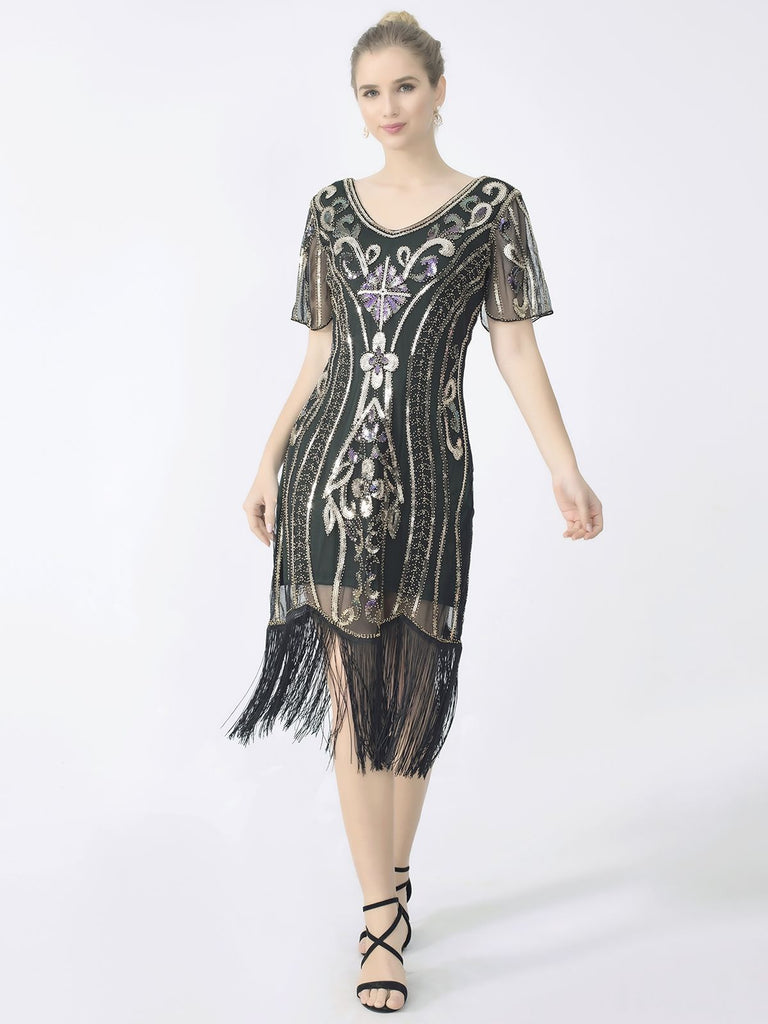 Abito frange paillettes scollo a V anni '20