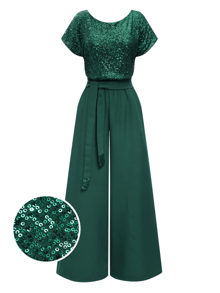 Tuta lunga a gamba larga paillettes verde anni '60