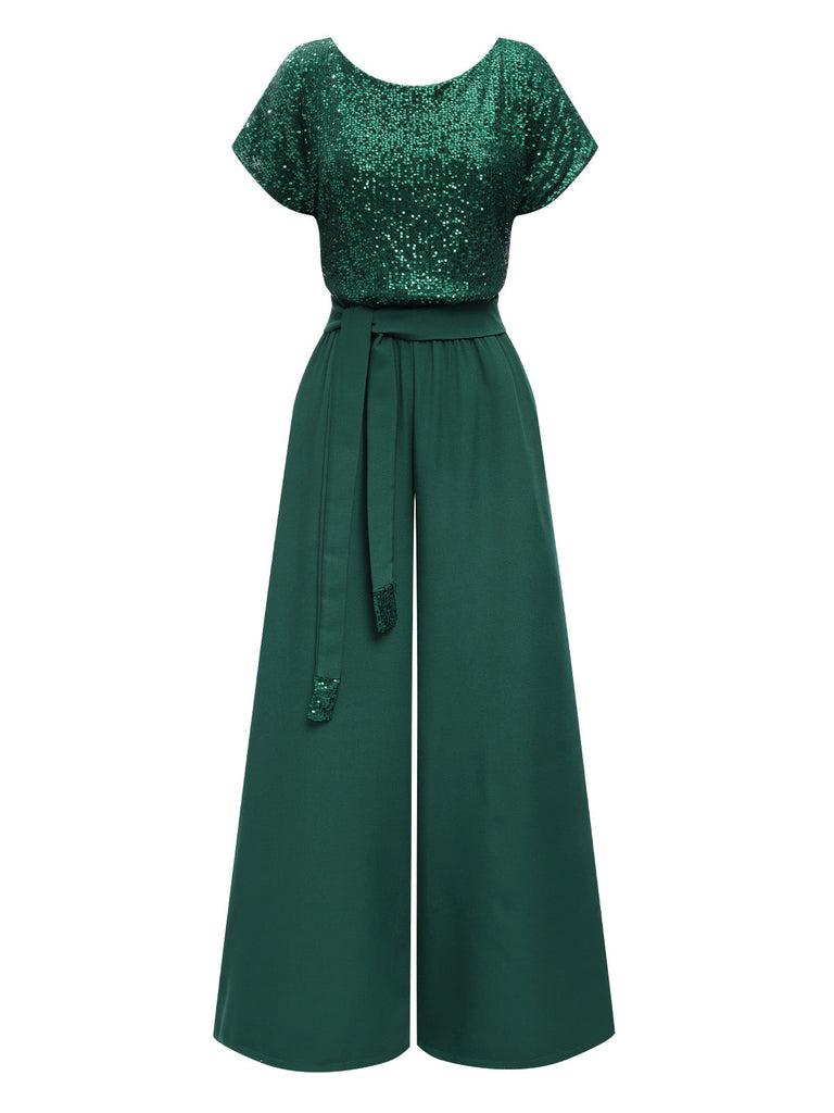 Tuta lunga a gamba larga paillettes verde anni '60