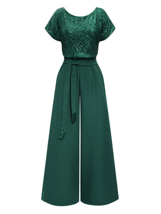 Tuta lunga a gamba larga paillettes verde anni '60