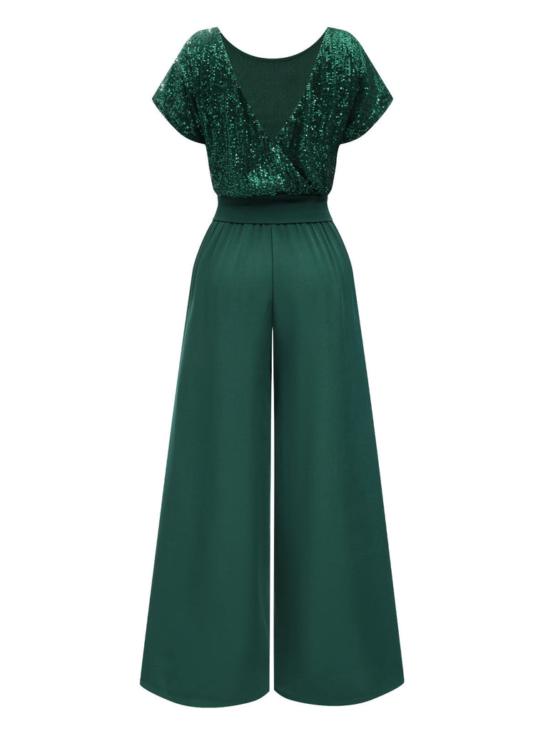 Tuta lunga a gamba larga paillettes verde anni '60