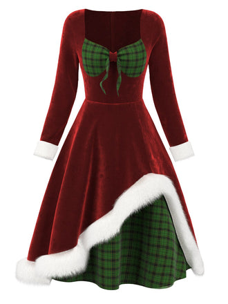 Abito a puadri patchwork in velluto rosso anni '50