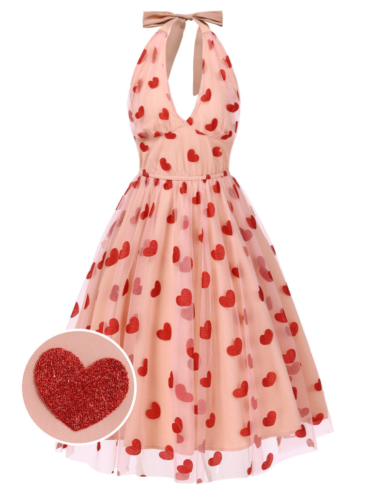 Abito rosa in rete con cuore e scollo all'americana anni '50