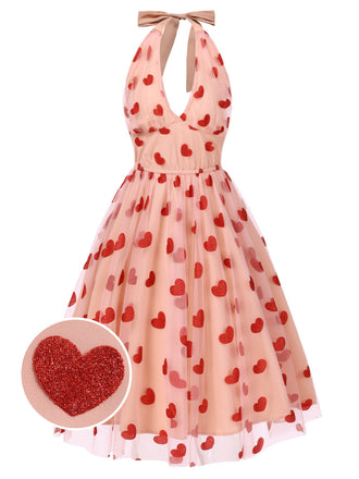 Abito rosa in rete con cuore e scollo all'americana anni '50