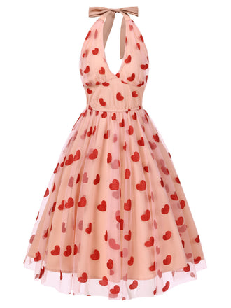 Abito rosa in rete con cuore e scollo all'americana anni '50