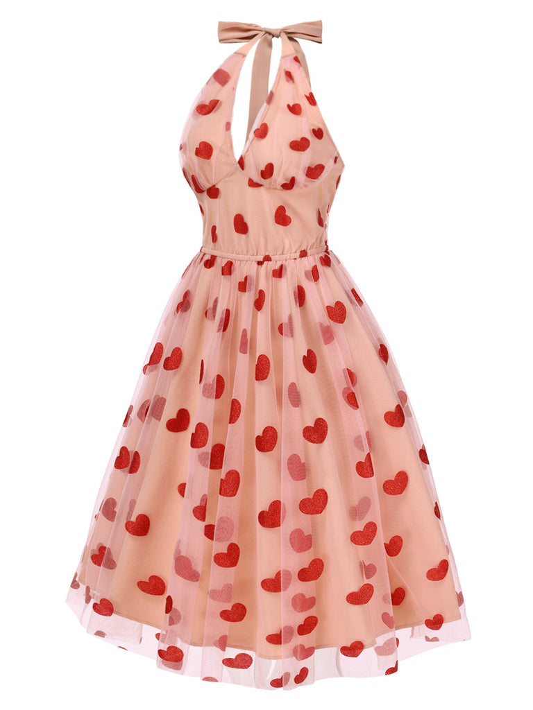 Abito rosa in rete con cuore e scollo all'americana anni '50